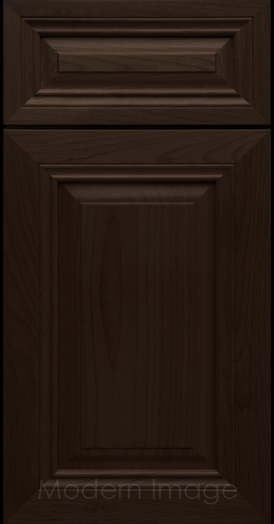 Close-up of a Chocolate-stained wood cabinet door with a mitered frame and traditional Cambridge raised center panel.